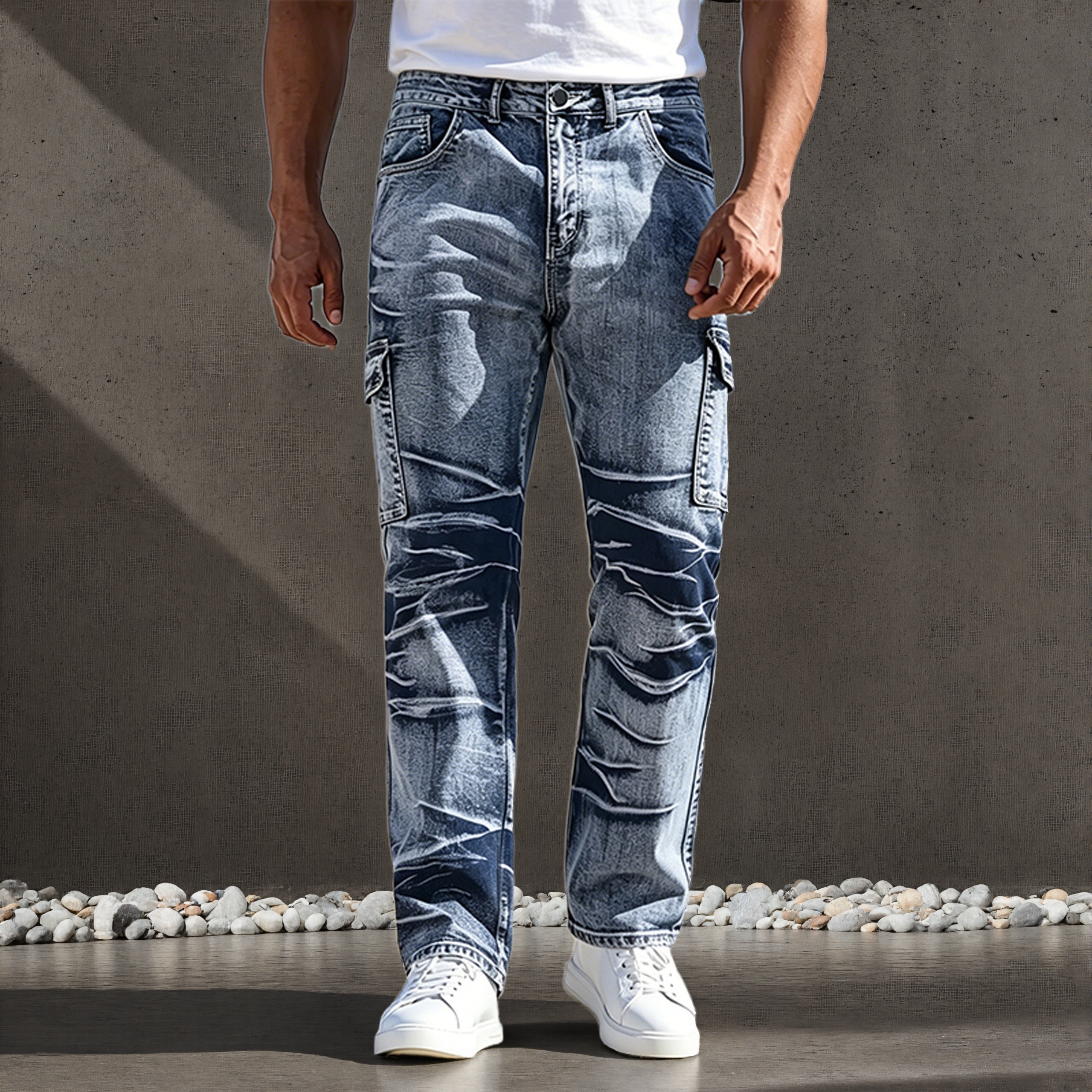 Jeans pour hommes, style décontracté américain, design multi-poches, pantalon droit simple et polyvalent, adapté à toutes les saisons