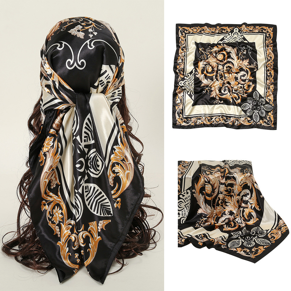 Foulard Carré Imprimé en Satin pour Femme, Châle Rond Hijab, Bandeau de Sauna, Bandana, 90x90cm