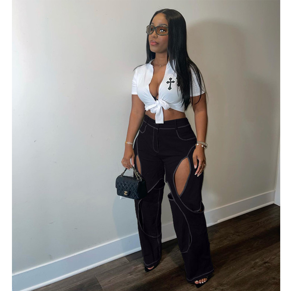 Pantalon Femme Ample Long Vintage Coupe Slim Taille Haute Droit Évidé Y2K Streetwear Sexy Élégant Travail 2026