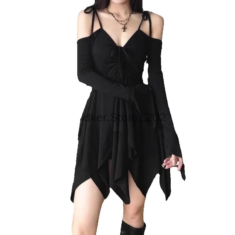 Robe Courte Plissée Gothique Femme 2026 avec Cordon de Serrage, Couleur Unie, Style Y2K, Irrégulière, à Lacets, Épaules Dénudées, Manches Longues