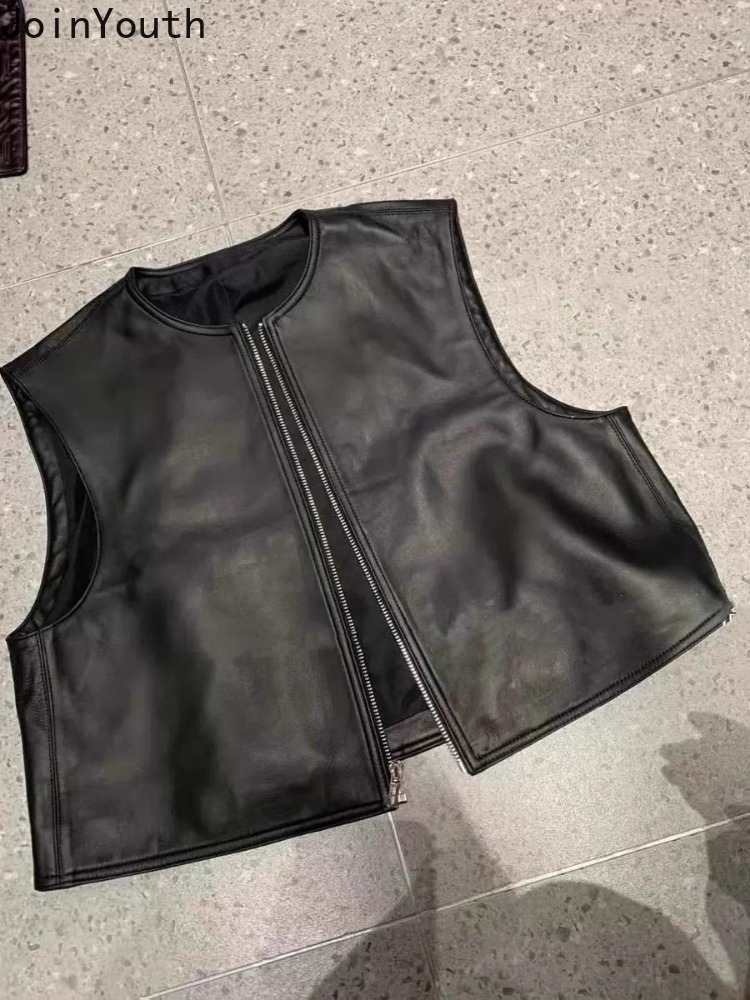 FibrglaCardigan-Gilet en cuir à col rond pour femmes, débardeurs en PU noir, haut court vintage, vêtements à la mode avec fermeture éclair, 2025