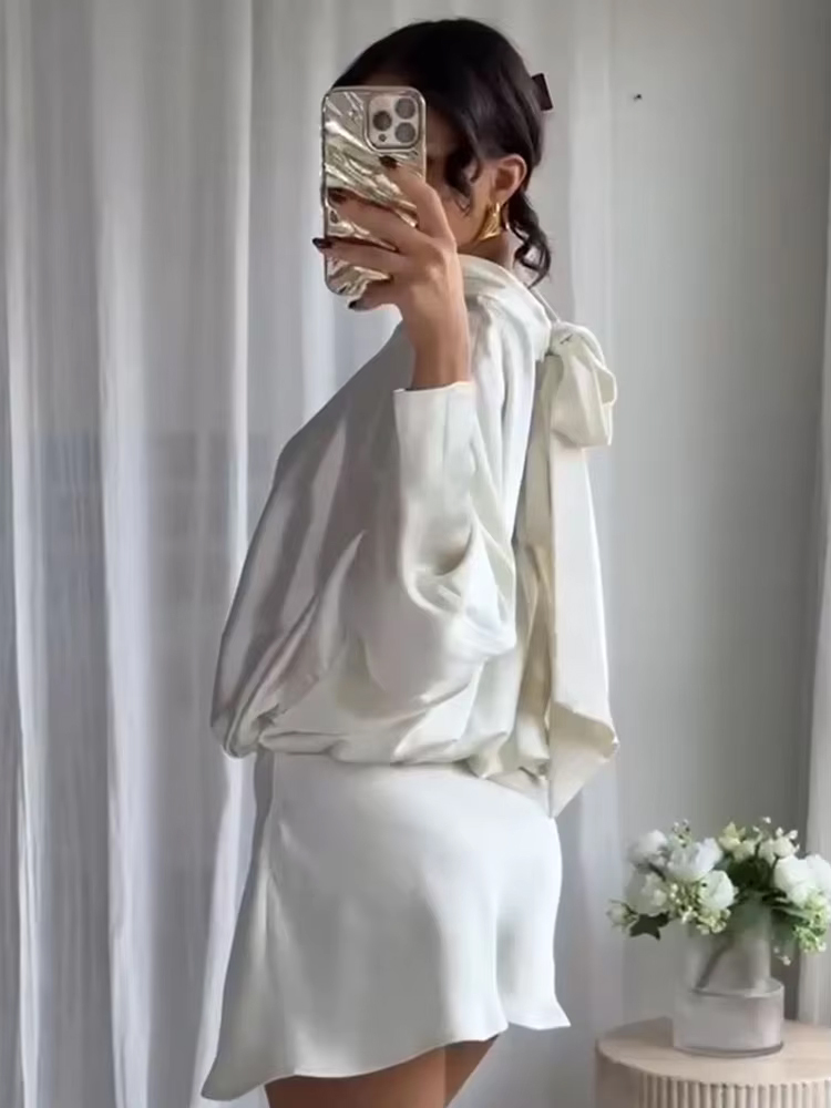 HH femmes mode soie Satin Texture écharpe conception nœud papillon robe femme élégante Simple col haut à manches longues tenue décontractée Mujer