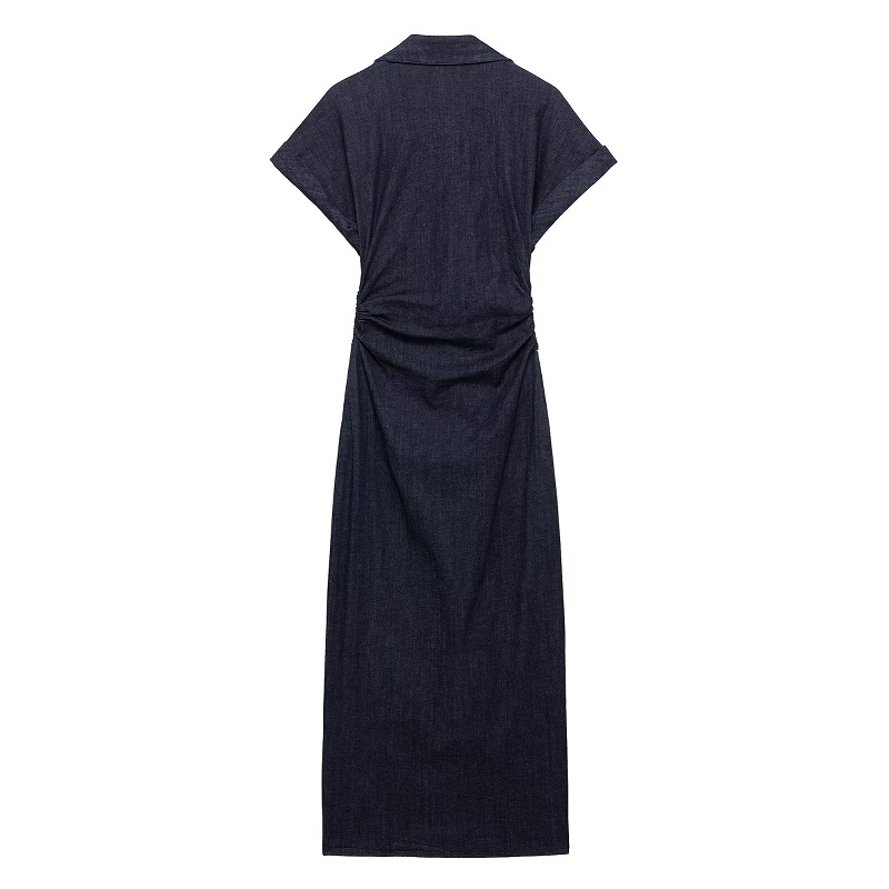 MUJER 2026 Denim robe longue femme bouton plissé robes mi-longues pour femmes à manches courtes jean robe femme printemps robes de vacances