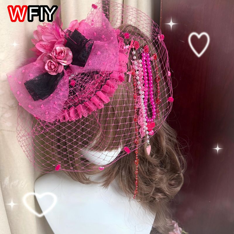 Mini-chapeau fascinateur pour femme, style japonais Gyaru Shibuya Lolita, avec voile, dentelle florale et nœud, coiffe de mariée personnalisée, pince à cheveux pour séance photo