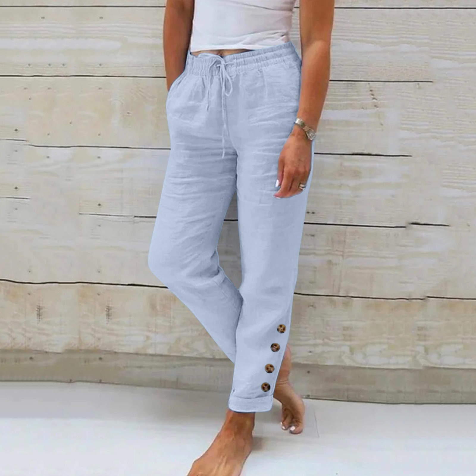 Pantalon décontracté en lin pour femmes, avec taille élastique, couleur unie, ample, Long, à bretelles, combinaison à jambes larges