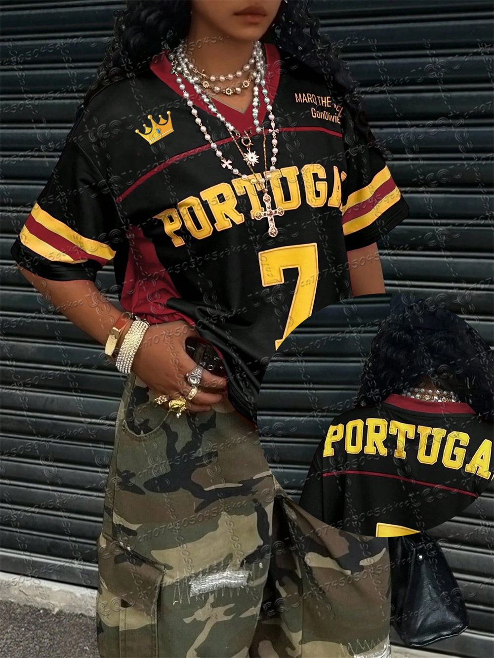 T-Shirt d'été en Jersey de couleur contrastée pour femmes, lettre PORTUGAL imprimée, manches courtes, col en v, ample, mode de rue, haut polyvalent