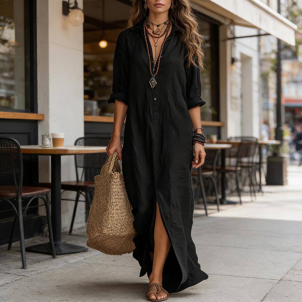 Robe élégante et simple, coupe ample, mi-longue, couleur unie, chemise à manches longues, poche boutonnée, légère