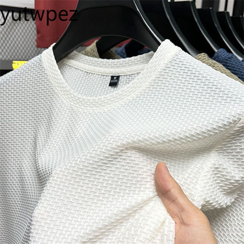 T-shirt Homme Haut de Gamme en Soie Glacée et Maille, Manches Courtes, Col Rond, Été, Demi-Manches, Couleur Unie, Sportif, Léger