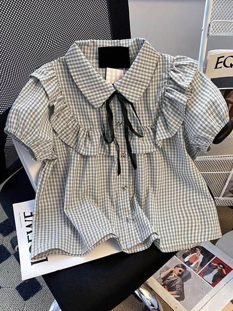 Chemisier à carreaux mignon à volants pour femme, avec manches bouffantes et nœud à lacets, style preppy japonais, mode printemps-été, hauts Kawaii pour femme