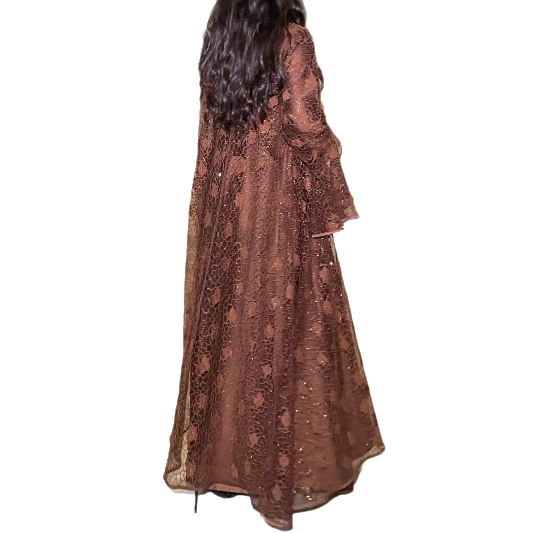 Ensemble deux pièces pour femmes musulmanes marron, dentelle, paillettes, manches cloche, robe de banquet élégante