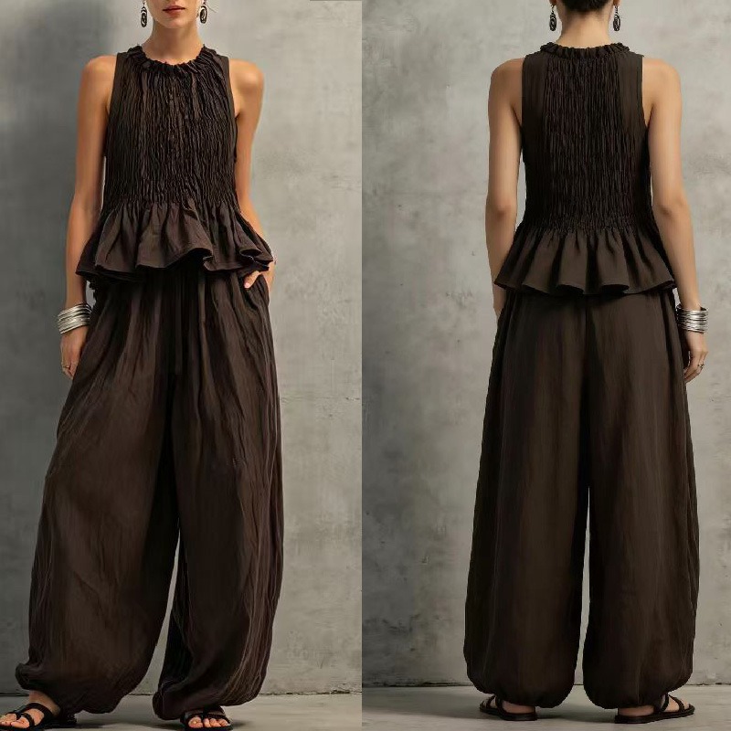 Ensemble décontracté d'été pour femme : Haut plissé smocké sans manches style rétro et pantalon large à volants, 2 pièces vintage