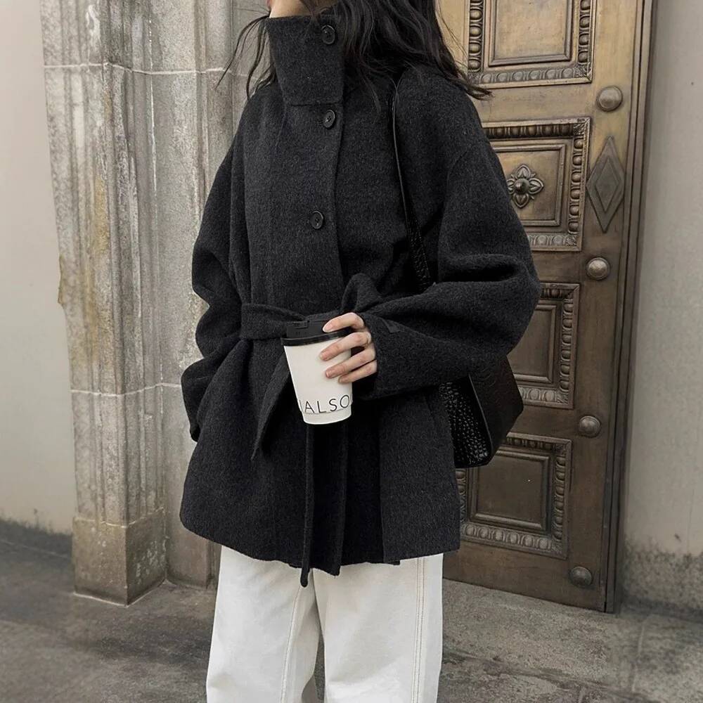 FANAN 2026 Nouveau Manteau d'Hiver pour Femmes à Col Montant en Laine Double Face, Tendance Coréenne, à Boutonnage Simple, Épais et Chaud