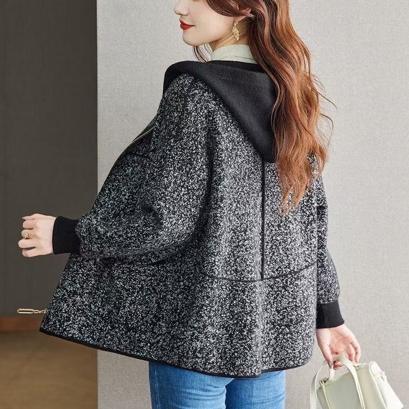 Manteau en Laine Tendance Automne Hiver pour Femme, Nouvelle Veste Décontractée à Capuche Zippée pour Mère d'Âge Moyen, Vêtement d'Extérieur