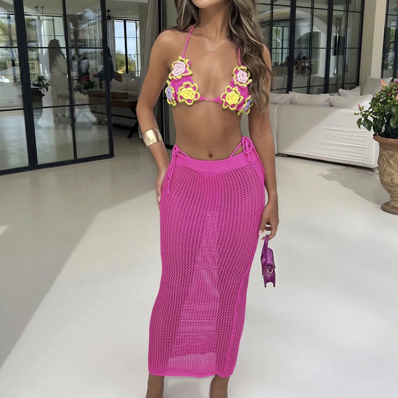 Style de mode Crochet à la main multicolore deux pièces Bikini couvrir cravate haut short costume femmes vacances évider vêtements de plage