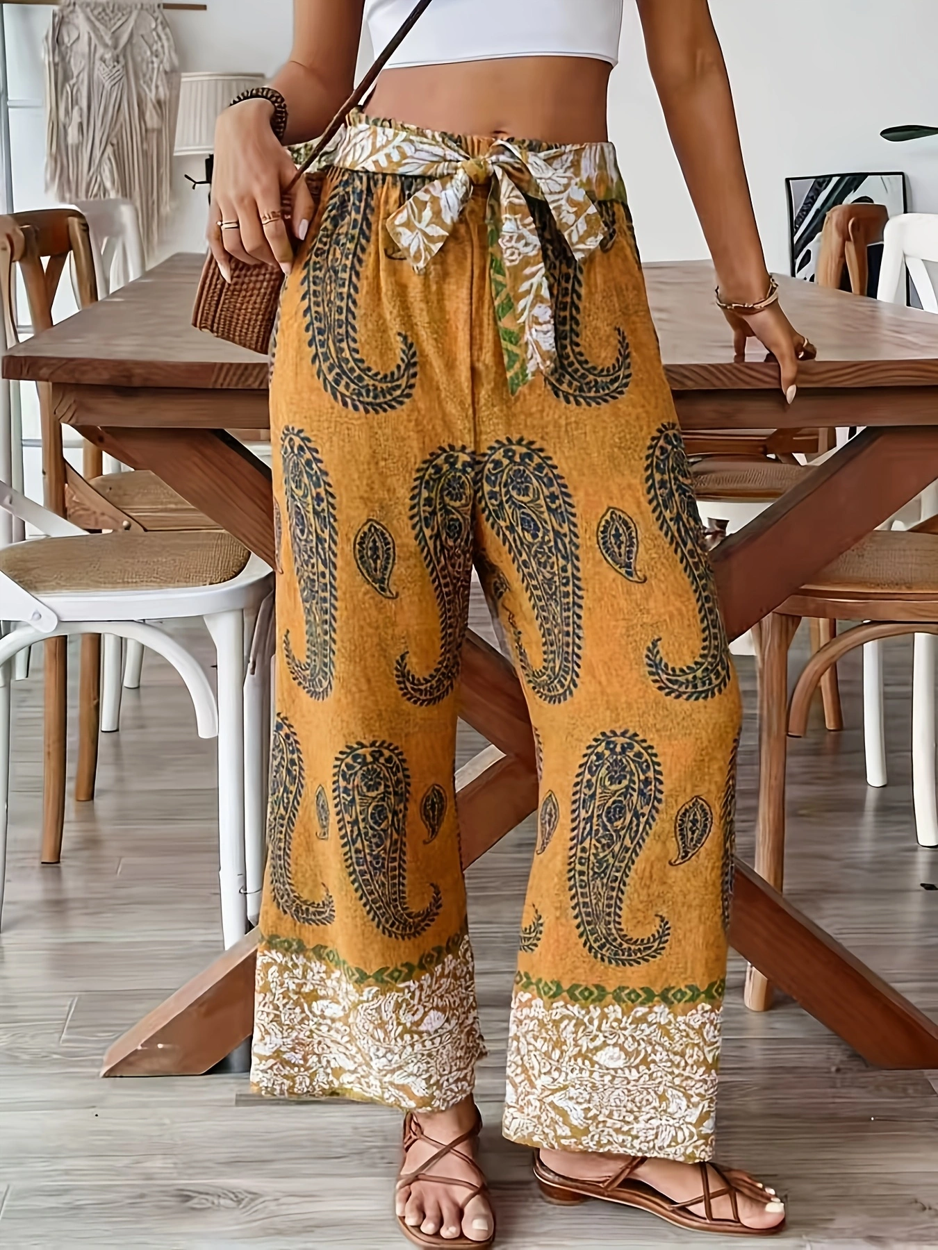 Pantalon large jaune moutarde à motif paisley, taille à nouer, style bohème, pantalon décontracté pour les vacances