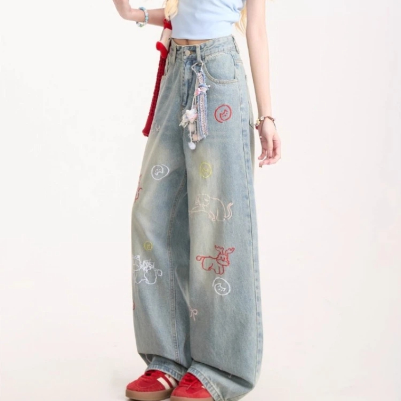 Jean pour femme Y2k pantalon rétro délavé Denim jambe droite pantalon à jambes larges dessin animé broderie conception confortable usage quotidien