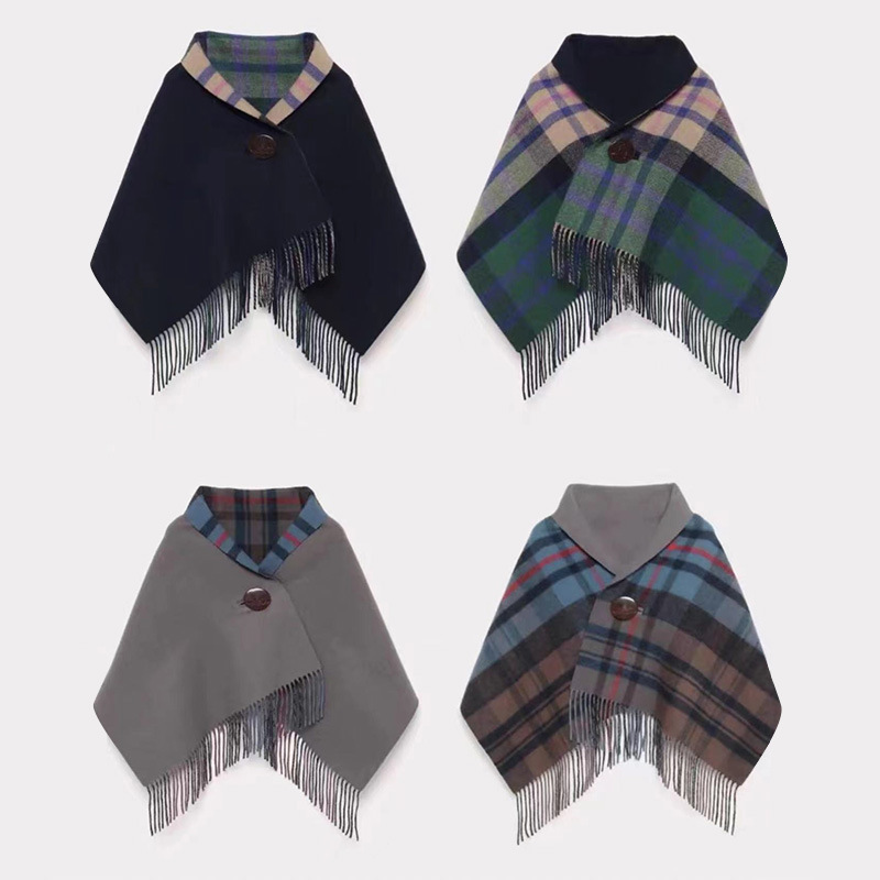 Nouvelle écharpe à carreaux vintage pour femme ; Cape en laine à franges d'automne et d'hiver ; Châle double face ; Guerre au cou chaude multifonctionnelle
