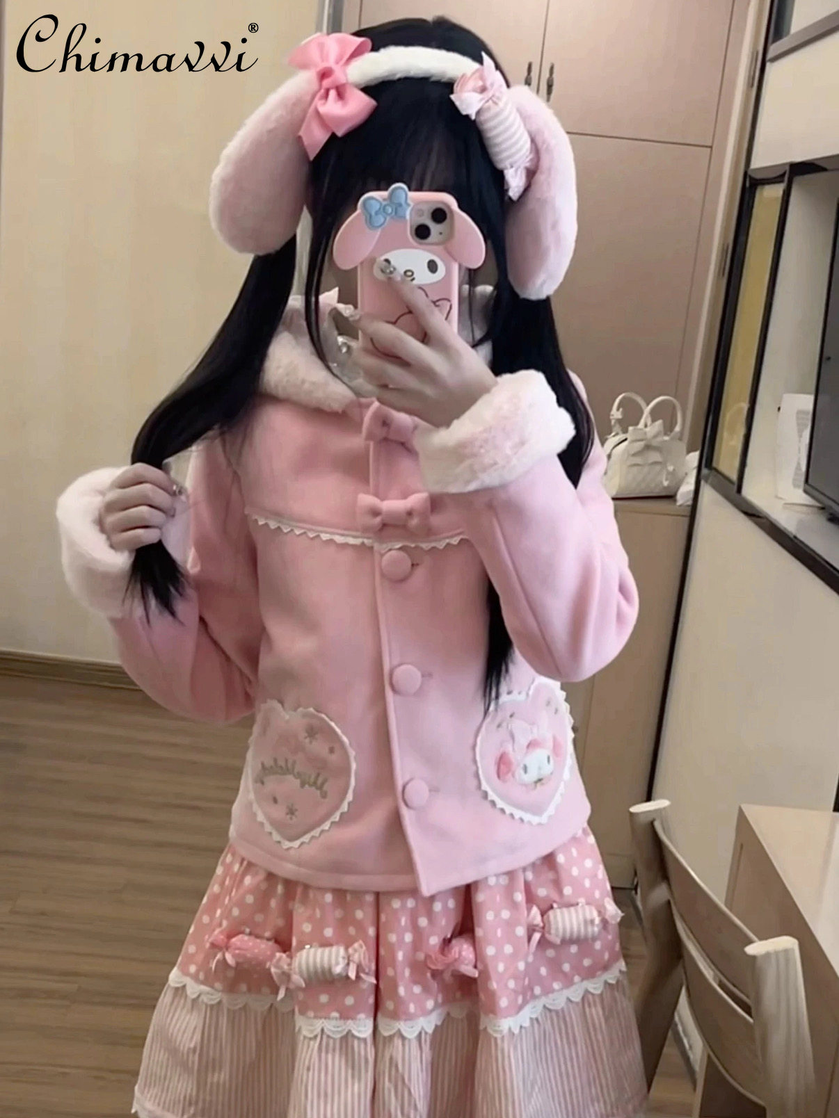 Manteau en peluche rose de Style japonais pour femme, mignon, doux, avec nœud papillon, oreilles de lapin, à capuche, court, en laine épaisse, automne et hiver