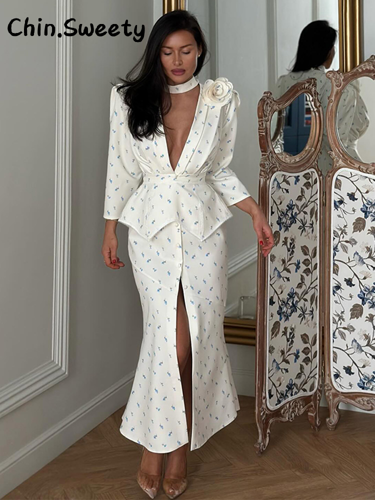 Robe longue élégante pour femme à imprimé floral 3D, col en V, manches bouffantes, patchwork, coupe trapèze, collection Printemps 2026, idéale pour les fêtes