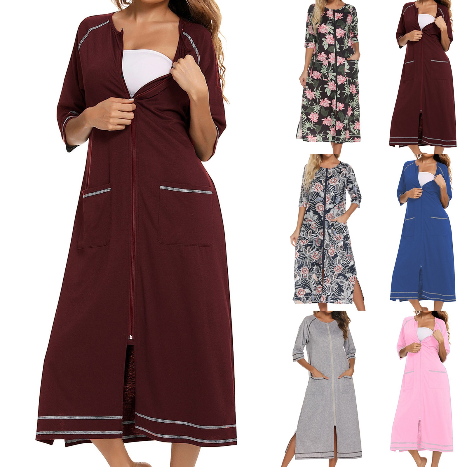 Robes d'été pour femmes, robe à fermeture éclair sur le devant, demi-manches, peignoir pleine longueur, robe plumeau en coton doux avec poches, vêtements de maison, 2024