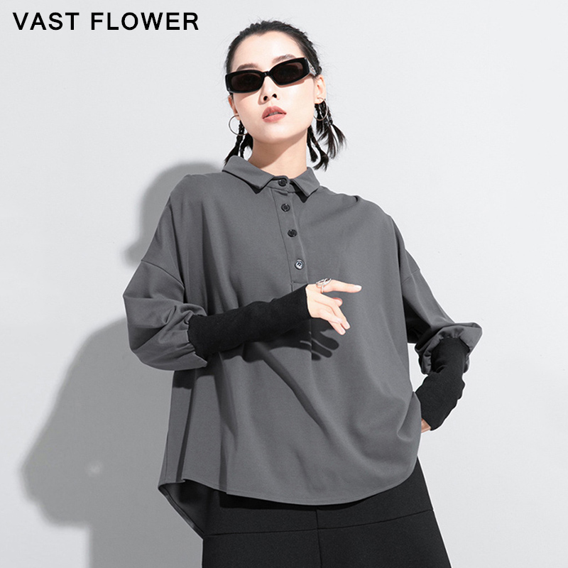T-shirt noir à manches longues et col à revers pour femme, coupe ample, style décontracté vintage, hauts tendance, vêtements de mode printemps automne 2026