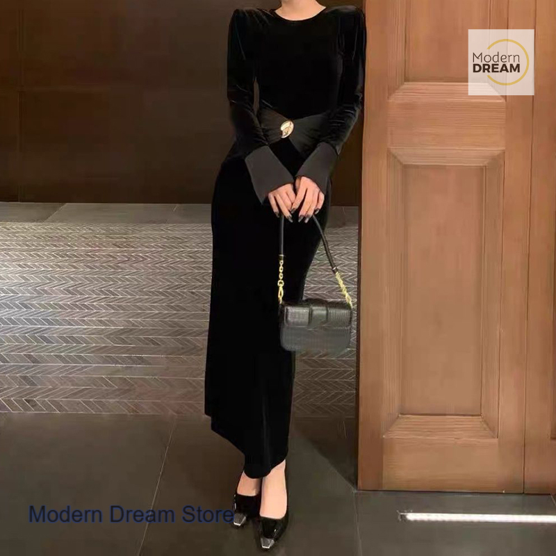 Robe coréenne noire de style palais pour femme, nouvelle mode printemps-automne, jupe en velours à coutures discrètes, élégante et amincissante