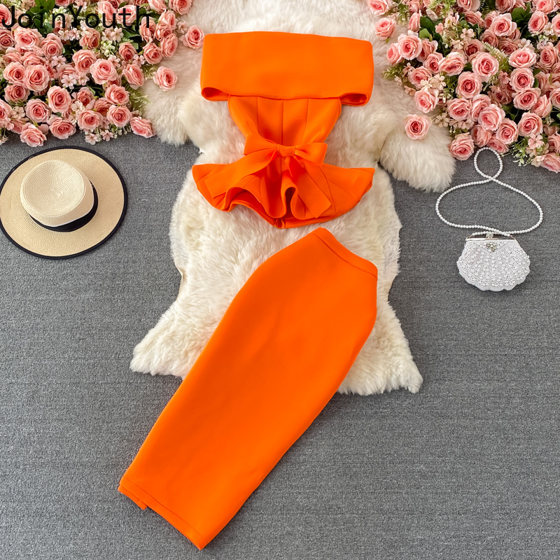 Costume jupe pour femmes, ensemble deux pièces, col Slash, Bandage, nœud, volants, haut court, taille haute, jupes moulantes, tenues d'été Sexy
