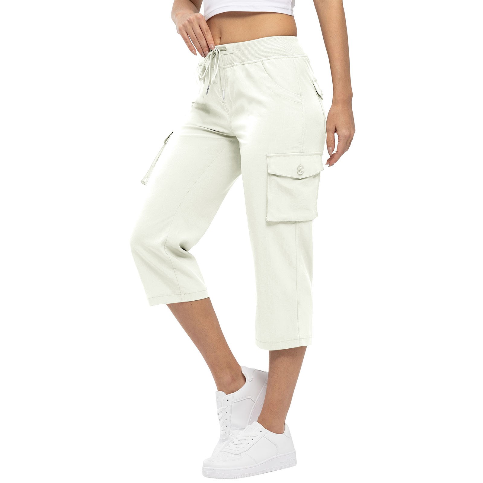 Pantalon skinny taille haute pour femme, pantalon au genou, design de poche, Wstring de proximité à revers, décontracté, uni, mode estivale, 2024
