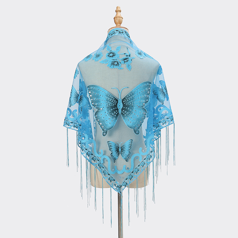 Écharpe en dentelle papillon imprimée pour dames, châle à pampilles triangulaires, écharpes brillantes pour documents solides, cape de mode élégante, été, 150x65cm