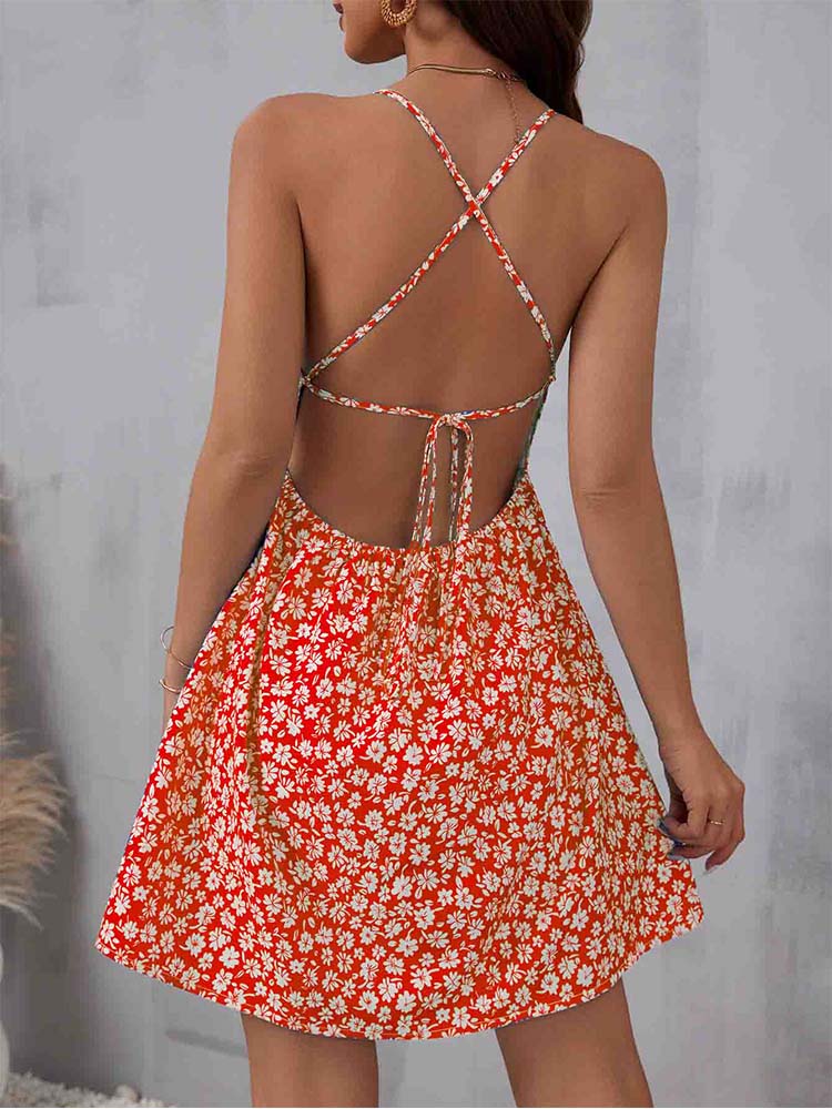 Robe caraco d'été avec petits imprimés de fleurs, dos nu, fines bretelles Spaghetti, vacances à la plage, mode féminine adaptée