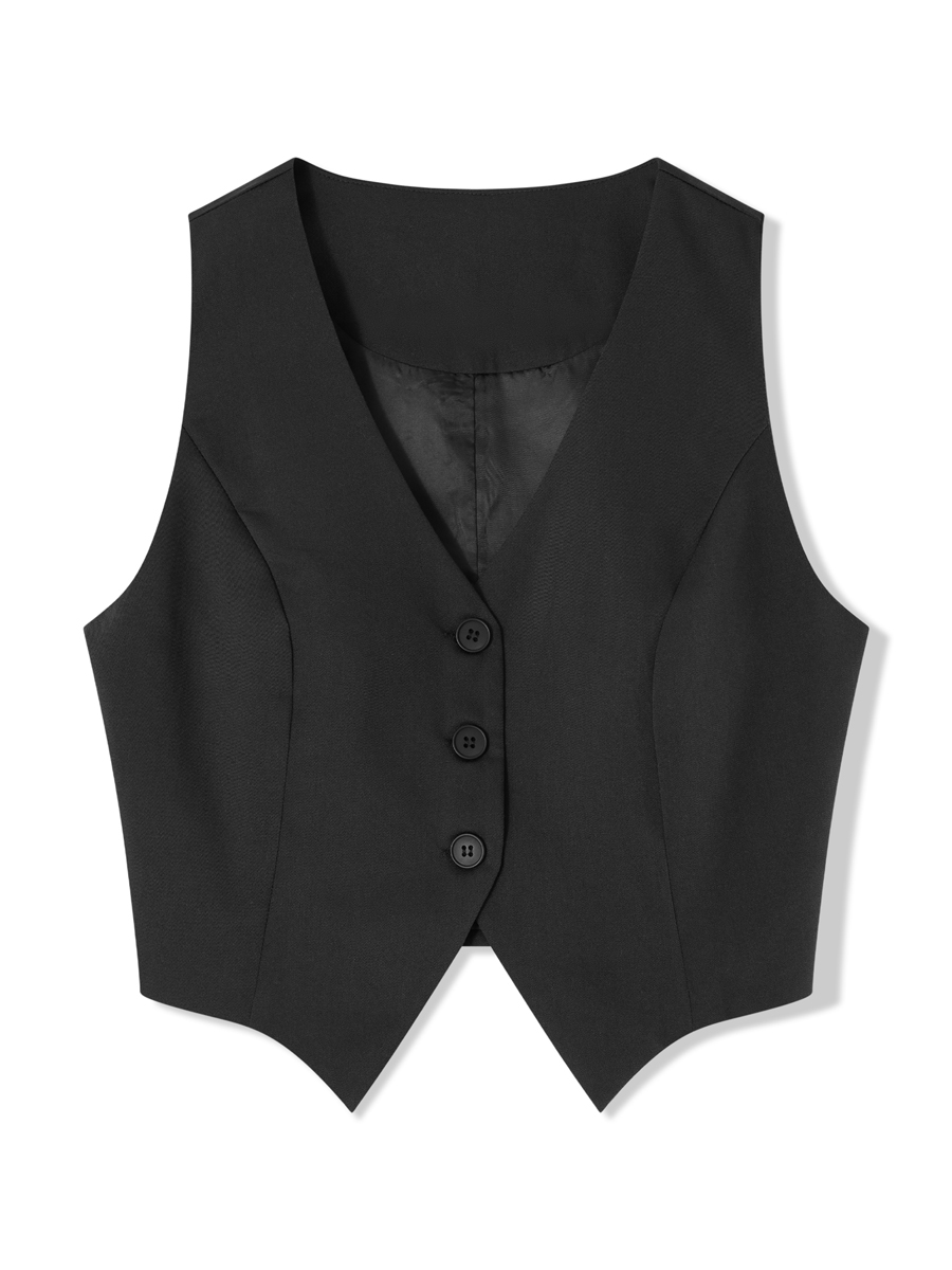 Mode femme noir gilets sans manches décontracté col en V bouton gilet formel affaires smoking chemise coupe ajustée recadrée Blazer gilets
