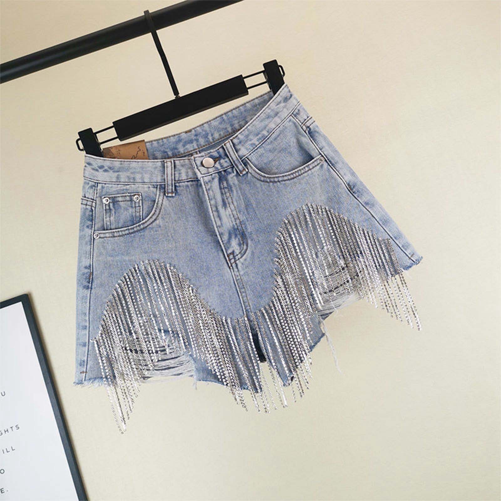 Mode femme décontracté jean court taille haute diamant ensemble lourd gland Shorts chaîne une ligne jambe large pantalons chauds Denim Shorts