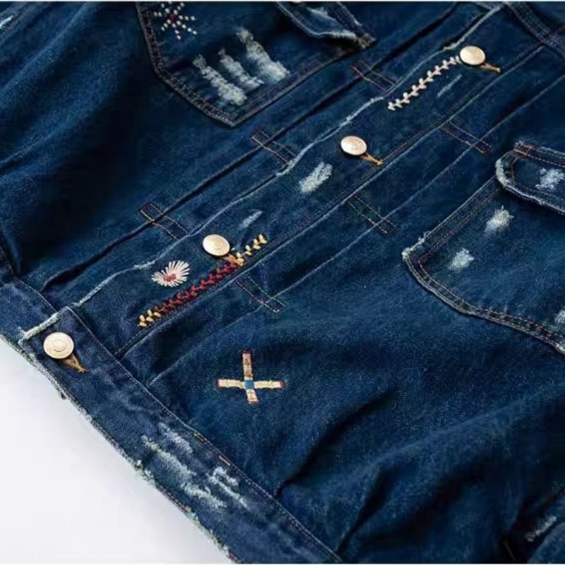 ABOORUN-Veste en Jean Déchiré Brodé pour Homme, Combinaison en Denim, Mode