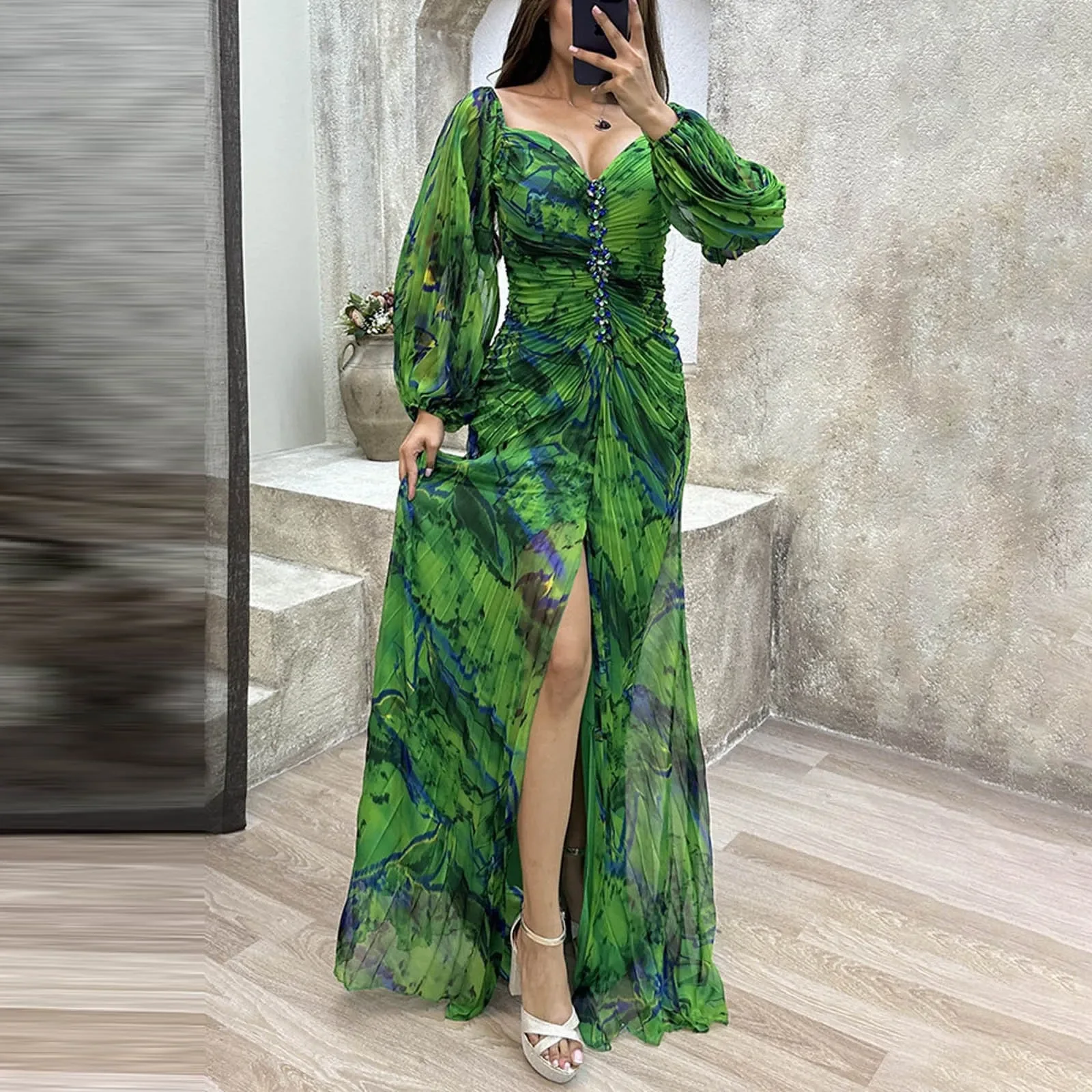 Robes de soirée de mariage longues pour femmes dames rassemblant plissé à manches longues robe formelle de Cocktail ample robe de mode pour femmes