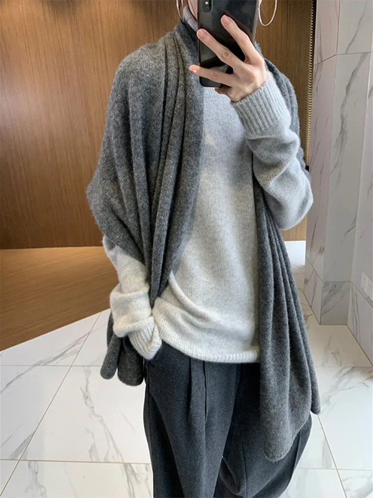 Écharpe en cachemire 100% français pour femme, châle tricoté automne-hiver, grand col élégant, pashmina en laine tricotée, écharpe en cachemire, nouvelle collection 2026