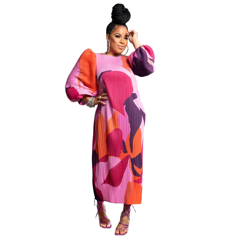 Robe longue pour femmes, imprimé Floral, col rond, manches lanternes, épissure élégante, Y2k, Streetwear, plissée, travail, été 2025