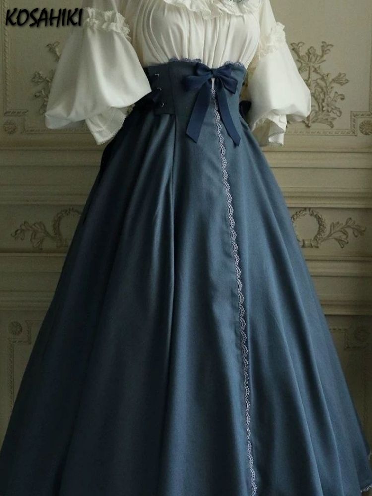 Vintage dentelle Patchwork femmes nœud jupe taille haute fée pansement Y2k esthétique a-ligne jupes longues Harajuku Grunge a-ligne Faldas