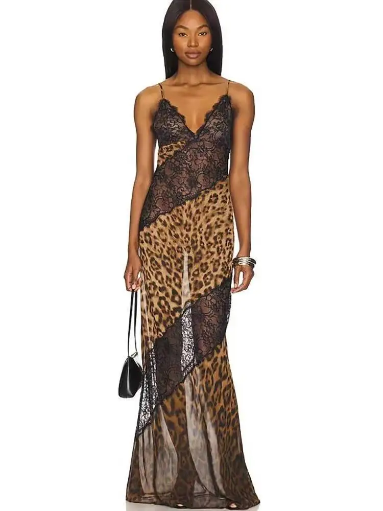 Robe Maxi Sexy imprimé léopard, bretelles Spaghetti, Patchwork, transparente, sans manches, dos nu, robe de soirée, boîte de plage