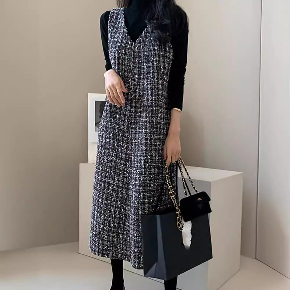 Robes en Tweed pour femmes, col en V japonais, paillettes assorties avec tout, mode coréenne, vêtements chics, automne 2026