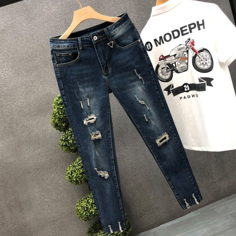 Jean court pour hommes pantalon déchiré cassé mode coréenne déchiré Kpop empilé tendance 2025 Style pas cher avec trous homme pantalon de cowboy