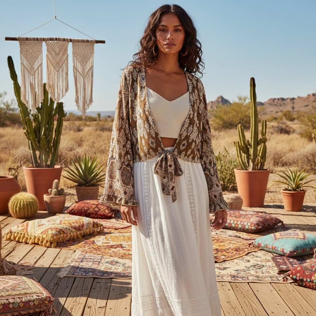Kimono Bohème à Imprimé Floral en Rayonne pour Femmes, Hauts de Vacances d'Été, Crop Top à Volants et Manches Évasées avec Nœud sur le Devant, Cache-maillots de Plage Bohème