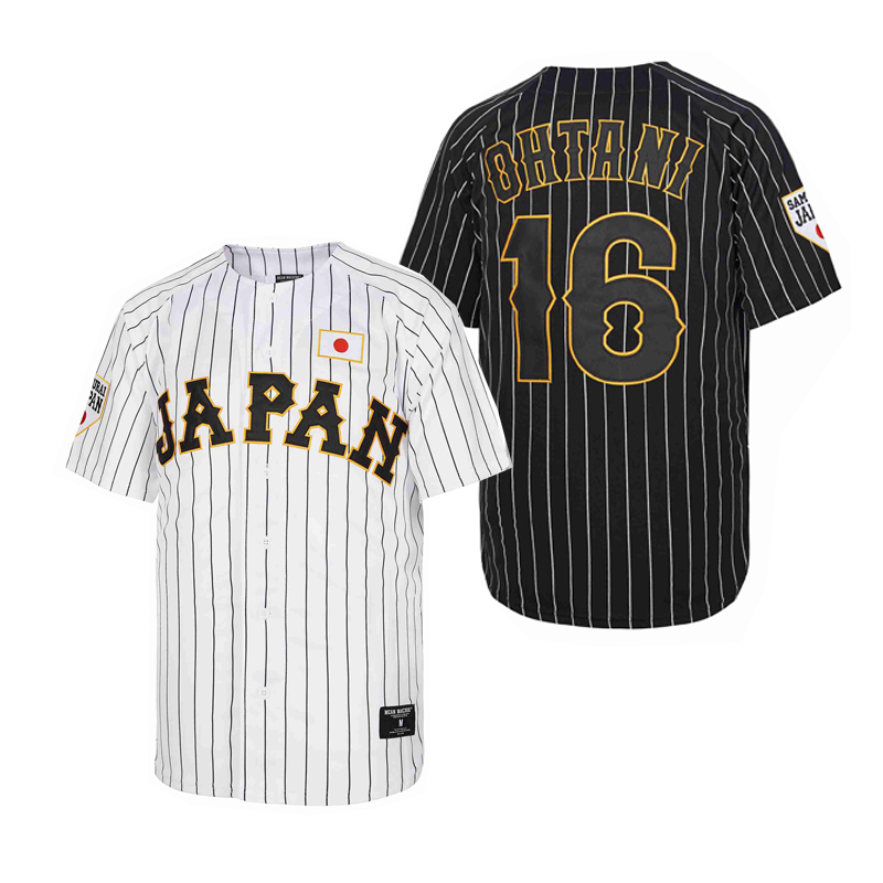 Maillot de baseball Japon 16 OHTANI Broderie cousue pas cher Haute qualité Vêtements de sport d'extérieur BLANC Rayures noires SAMOURAÏ