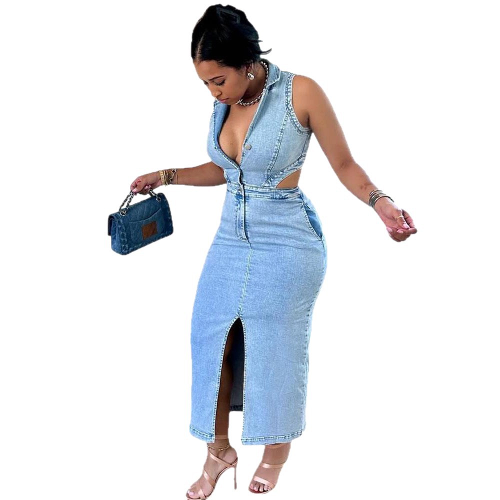 Robe en jean pour femme, sexy, sans manches, à col revers, avec fente et découpes, style mode