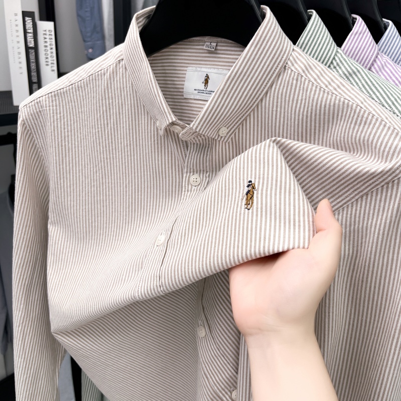 Chemise brodée de luxe pour homme, 100 % coton doux, manches longues, col à revers, rayures color block, haut tendance et polyvalent pour homme