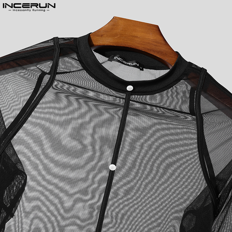 Mode Clubwear Style hauts INCERUN hommes ajustement serré contraste épissage T-shirt Sexy maille transparente mince à manches longues Camiseta
