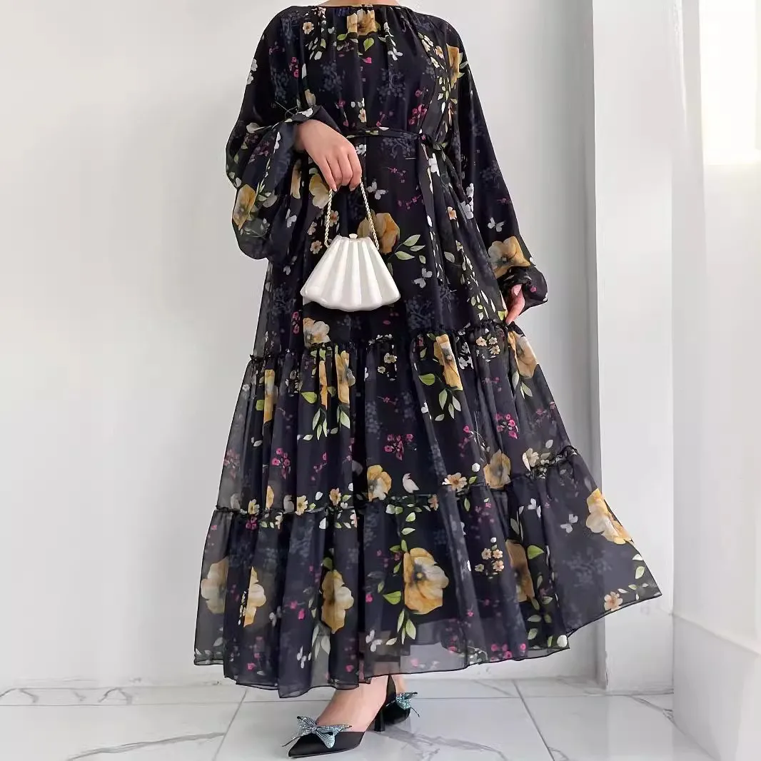 Abaya, robe indienne décontractée pour femmes musulmanes Robe longue en mousseline de soie pour femmes, vêtements arabes, marocains, à la mode, ceinturée, élégante