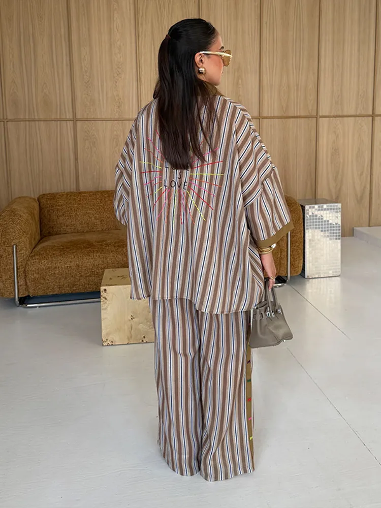 Ensemble chemise et pantalon à rayures, col rabattu, manches trois quarts, chemisier et pantalon large, tenue décontractée chic pour femme 2026
