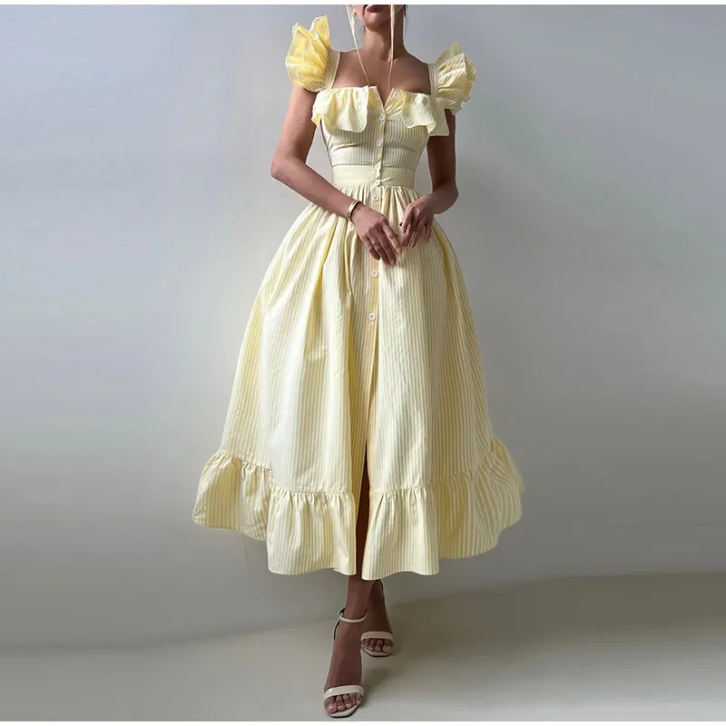 Robes longues rayées à manches volantes pour femme, élégantes, à simple boutonnage, coupe trapèze, taille haute, chic, pour l'été et les vacances