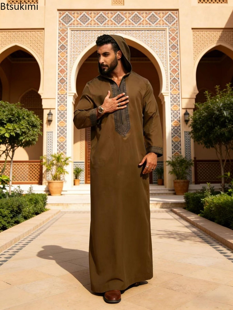 Nouvelle Robe Longue Homme Jubba Thobe Broderie Abayas à Capuche Moyen-Orient Musulman Solide Modeste Maroc Dubaï Abayas Printemps Épissées