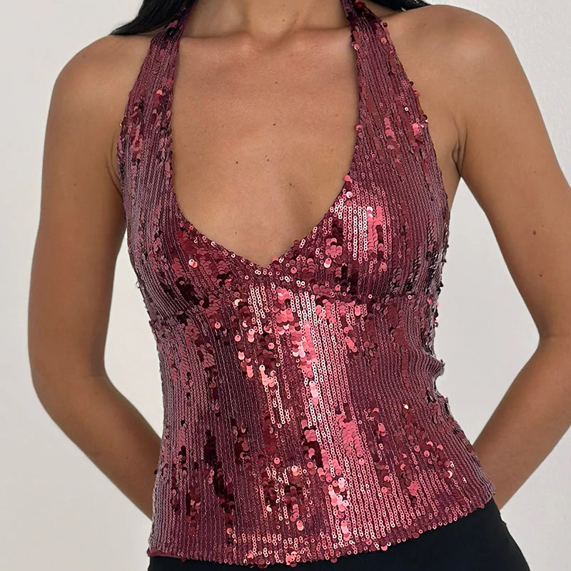 Débardeur scintillant pour femme Y2K, sexy, pour club et soirée, à sequins, col en V, dos nu, à nouer, style coquette, crop top, camisole pour sorties